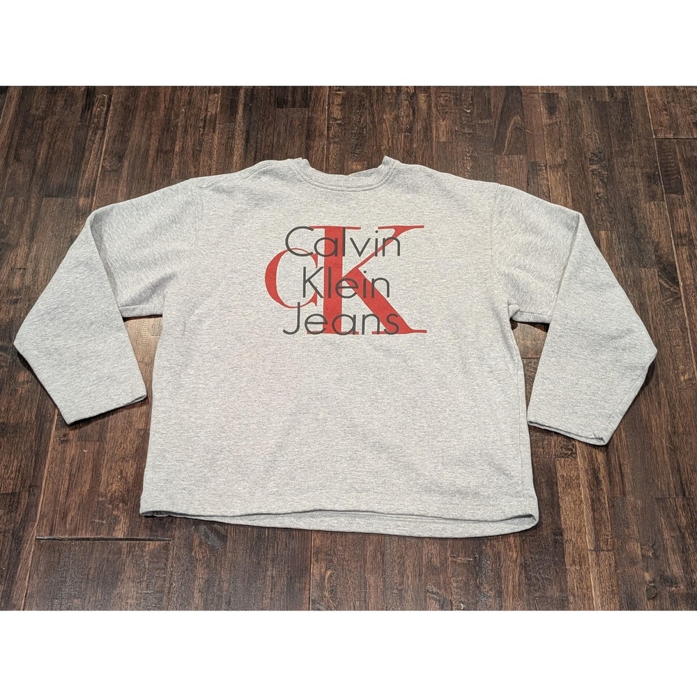 Vintage Calvin Klein Jeans Sweatshirt Mens XL Gray Red‎ CK Logo Made USA 90s
